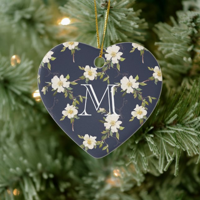Navy Blue White Floral Monogram Ceramic Ornament (Tree)