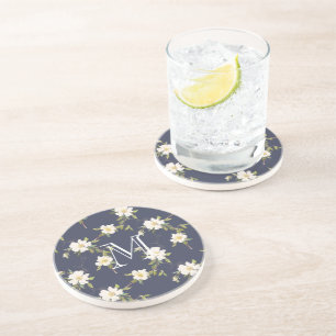 Navy Blue White Floral Monogram Coaster