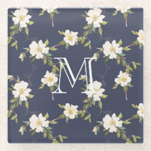 Navy Blue White Floral Monogram Glass Coaster