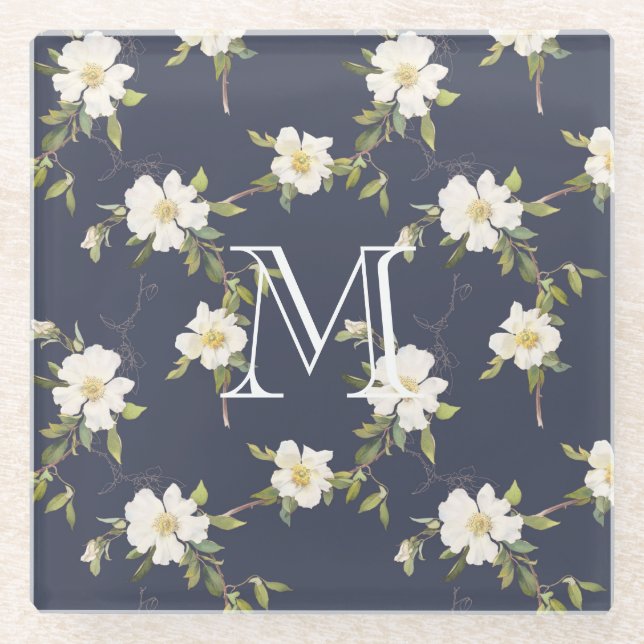 Navy Blue White Floral Monogram Glass Coaster (Front)