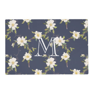 Navy Blue White Floral Monogram Placemat