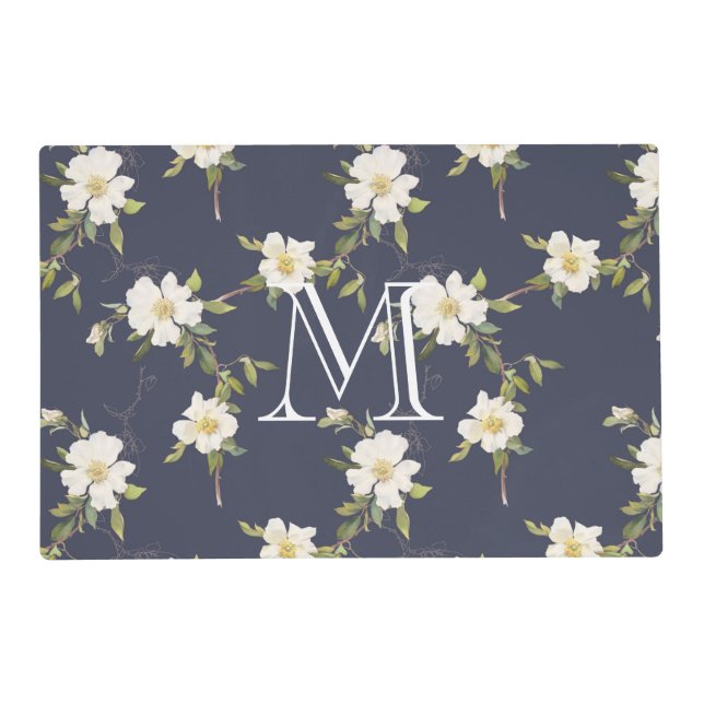 Navy Blue White Floral Monogram Placemat (Front)
