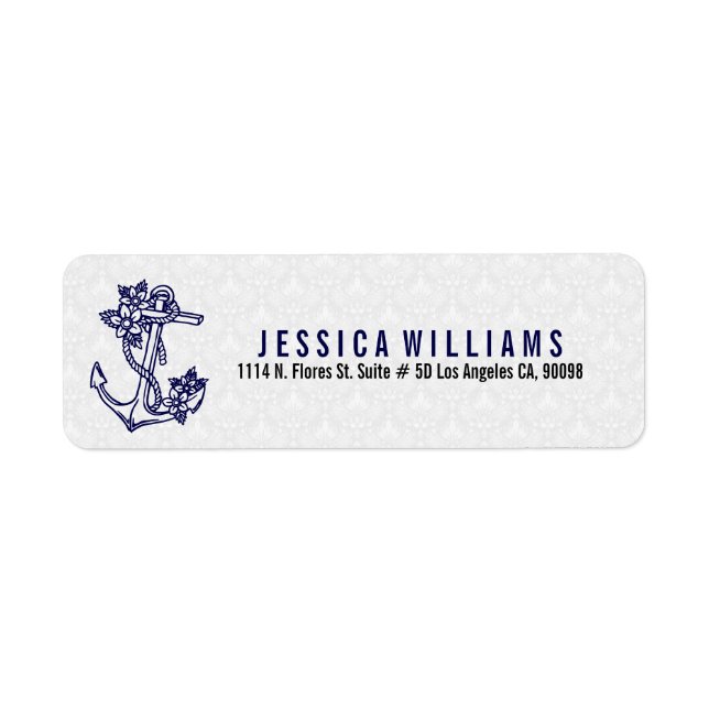 Navy Blue & White Floral Nautical Anchor Label (Front)