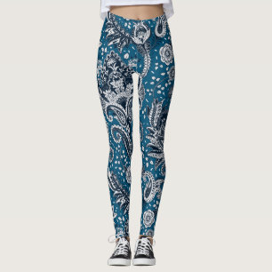 Navy Blue & White Floral Paisley Bohemian Boho Leggings