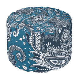 Navy Blue & White Floral Paisley Bohemian Boho Pouf