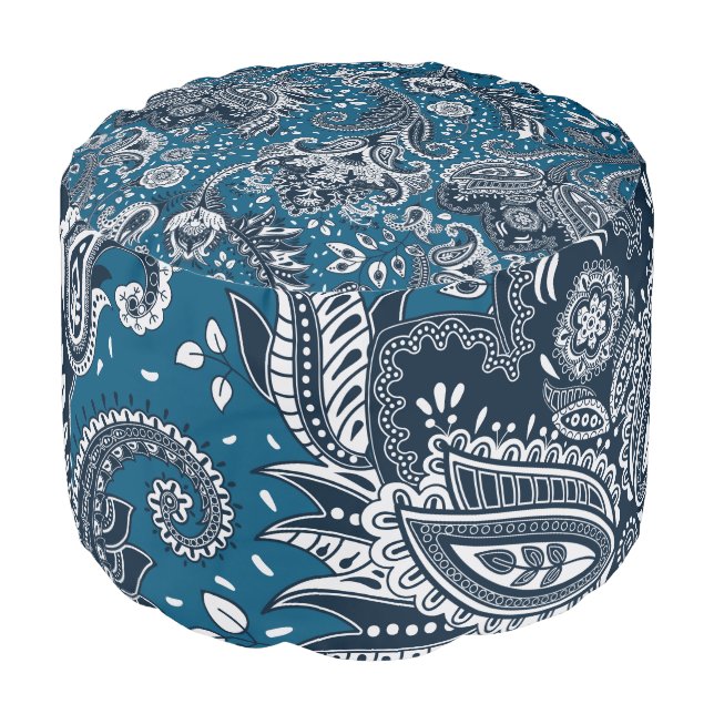 Navy Blue & White Floral Paisley Bohemian Boho Pouf (Angled Front)