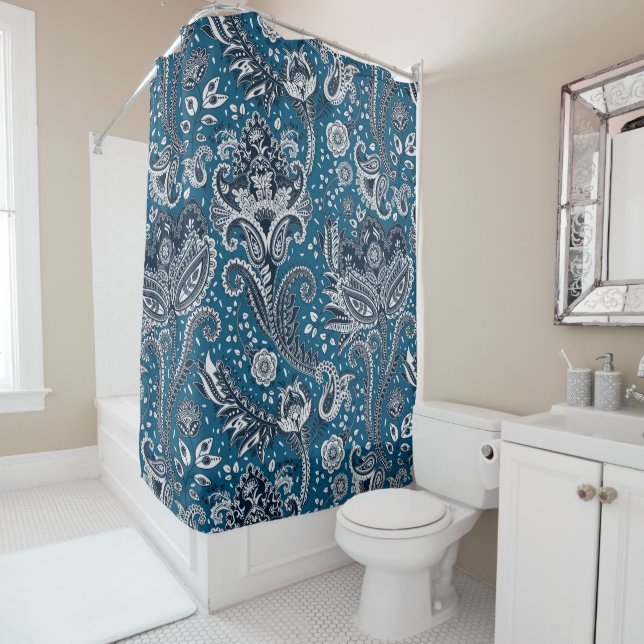 Navy Blue & White Floral Paisley Bohemian Boho Shower Curtain (In Situ)