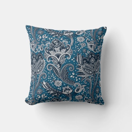 Navy Blue  White Floral Paisley Bohemian Boho Throw Pillow