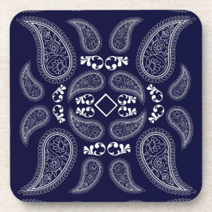 Navy blue white floral paisley design drink coaster