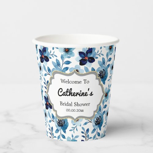 Navy blue white floral pattern bridal shower  paper cups