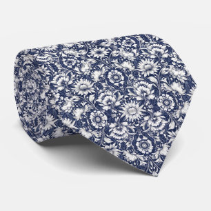 Navy Blue & White Floral Pattern Neck Tie