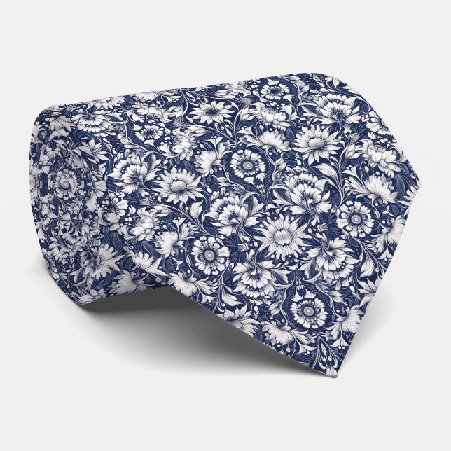 Navy Blue & White Floral Pattern  Neck Tie (Rolled)
