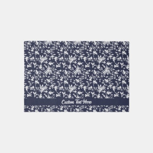 Navy Blue White Floral Pattern Personalized Text Rug