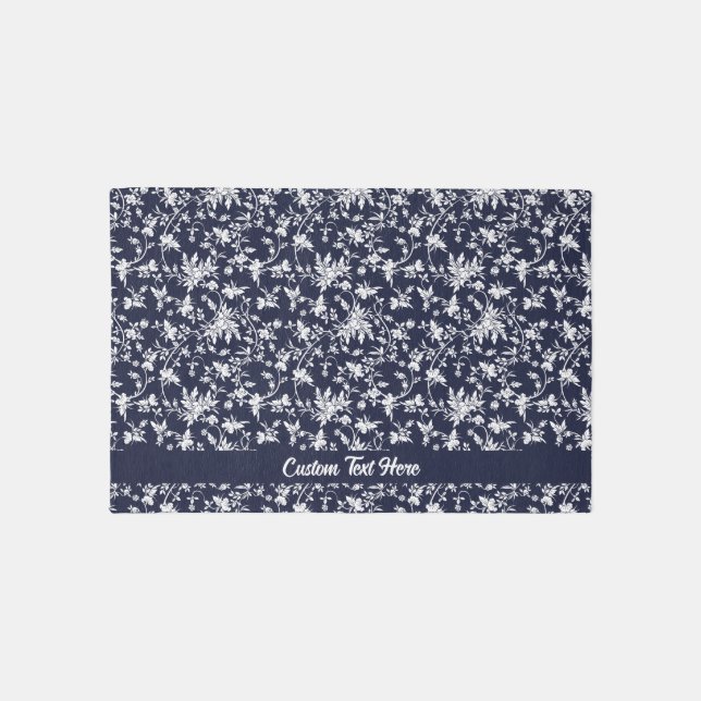Navy Blue White Floral Pattern Personalized Text Rug (Front)
