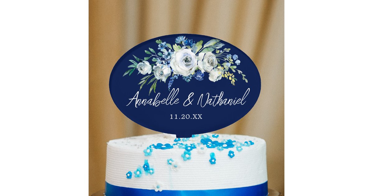 Navy Blue White Floral Personalized Wedding Cake Topper | Zazzle
