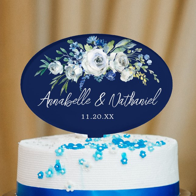 Navy Blue White Floral Personalized Wedding Cake Topper (Creator Uploaded)