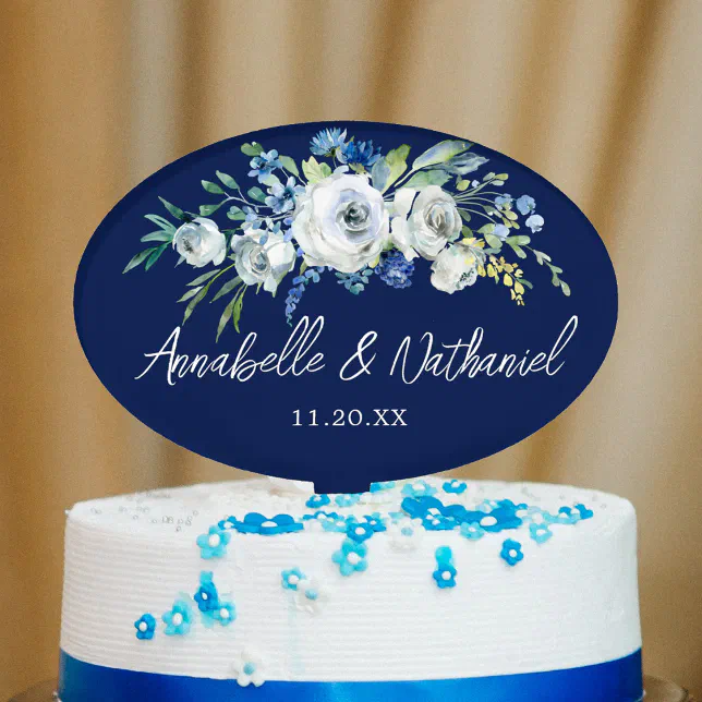 Navy Blue White Floral Personalized Wedding Cake Topper | Zazzle