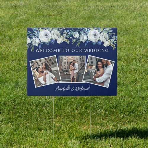Navy Blue White Floral Photo Collage Wedding Yard Sign
