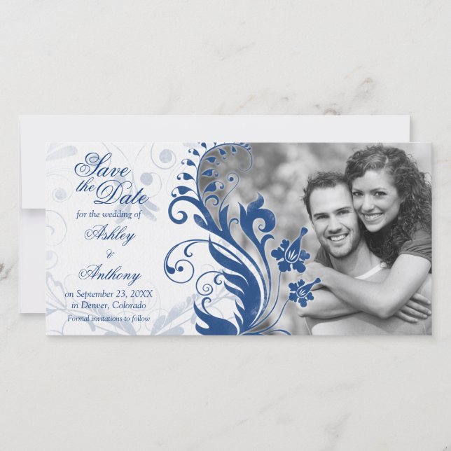 Navy Blue White Floral Photo Wedding Save Date Save The Date (Front)