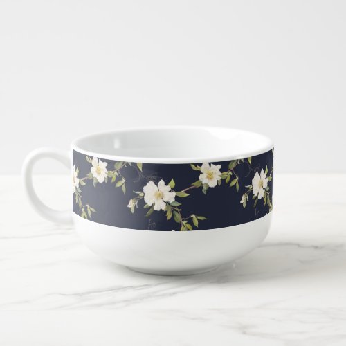 Navy Blue White Floral Soup Mug