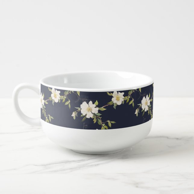 Navy Blue White Floral Soup Mug (Right)