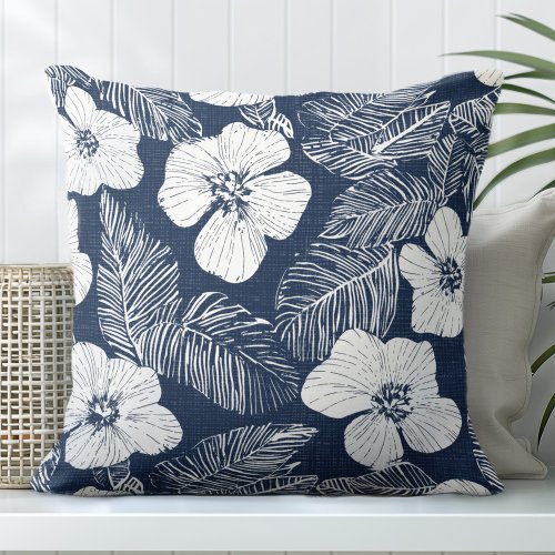 Navy Blue  White Floral Throw Pillow