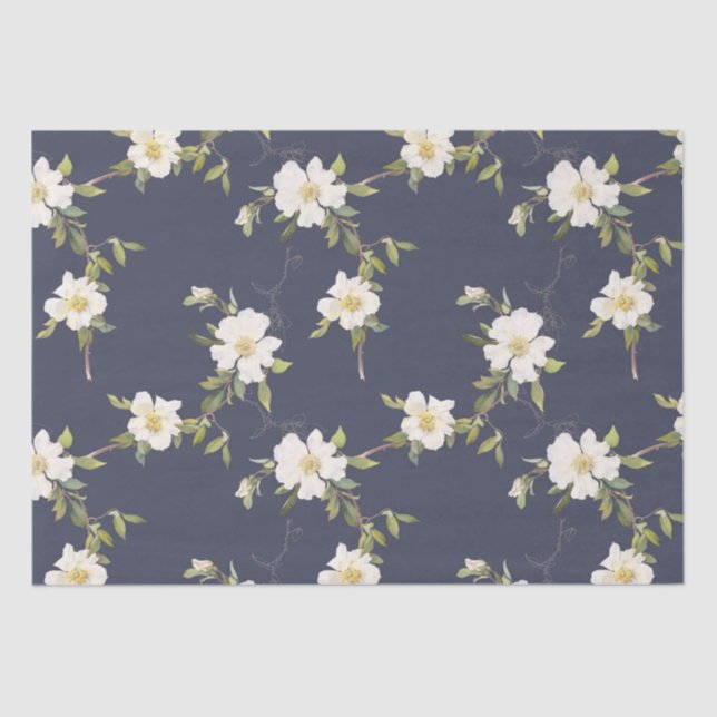 Navy Blue White Floral Tissue Paper (Front)
