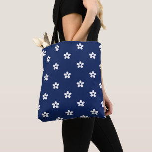Navy Blue & White Floral Tote Bag