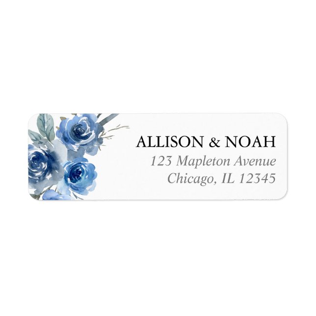 Navy blue white floral watercolor wedding label (Front)