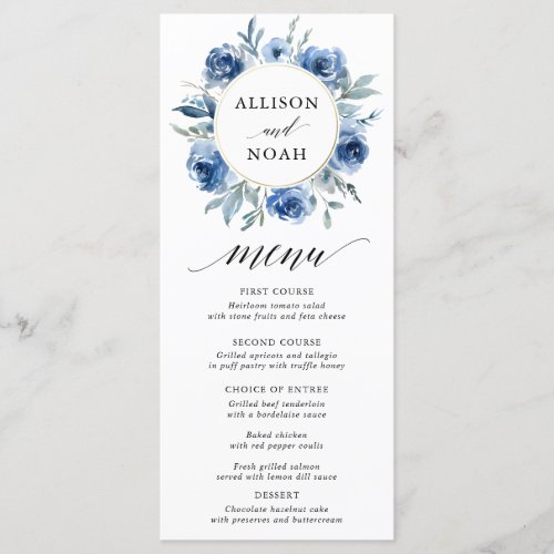 Navy blue white floral watercolor wedding menu
