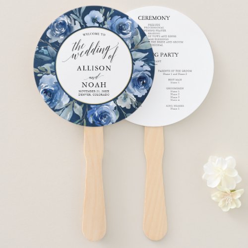 Navy blue white floral watercolor wedding program hand fan