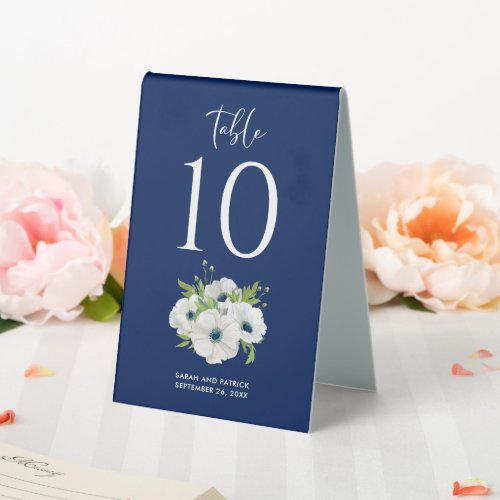 Navy Blue White Floral Wedding Number Table Tent Sign