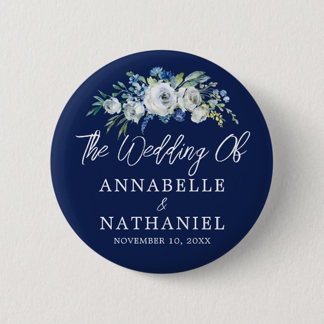 Navy Blue White Floral Wedding Personalized Button (Front)