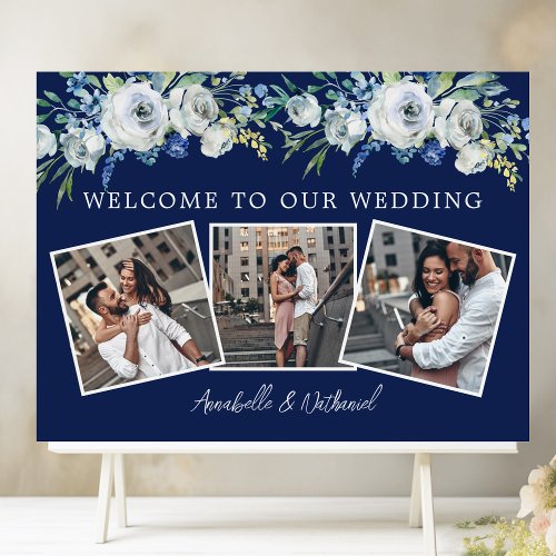 Navy Blue White Floral Wedding Photo Collage Foam Board
