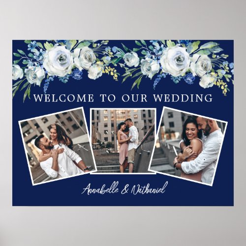 Navy Blue White Floral Wedding Photo Collage Poster