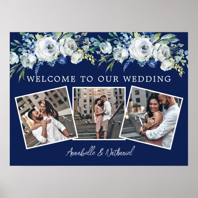 Navy Blue White Floral Wedding Photo Collage Poster (Front)
