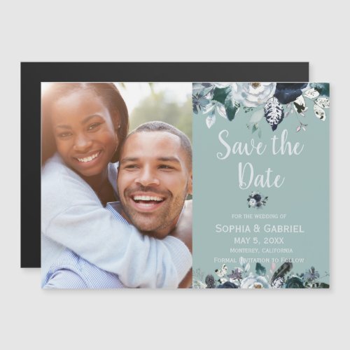 Navy Blue White Floral Wedding Save the Date Magnetic Invitation