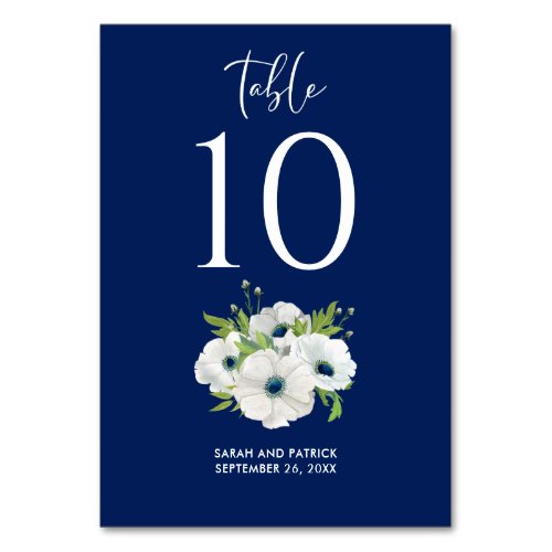 Navy Blue White Floral Wedding Table Number