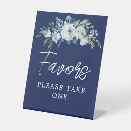 Navy Blue White Floral Winter Wedding Favors Pedestal Sign
