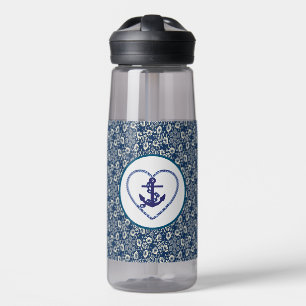 Navy Blue / White Floral With Anchor Water Bottle