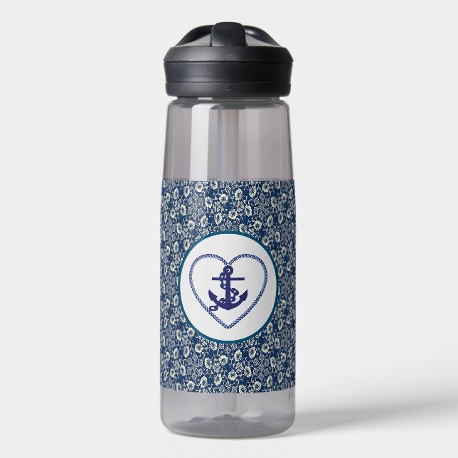 Navy Blue /  White Floral With Anchor Water Bottle (Front)