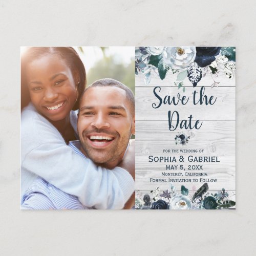 Navy Blue White Floral Wood Wedding Save the Date Announcement Postcard