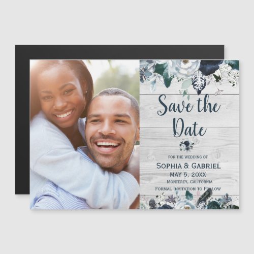 Navy Blue White Floral Wood Wedding Save the Date Magnetic Invitation