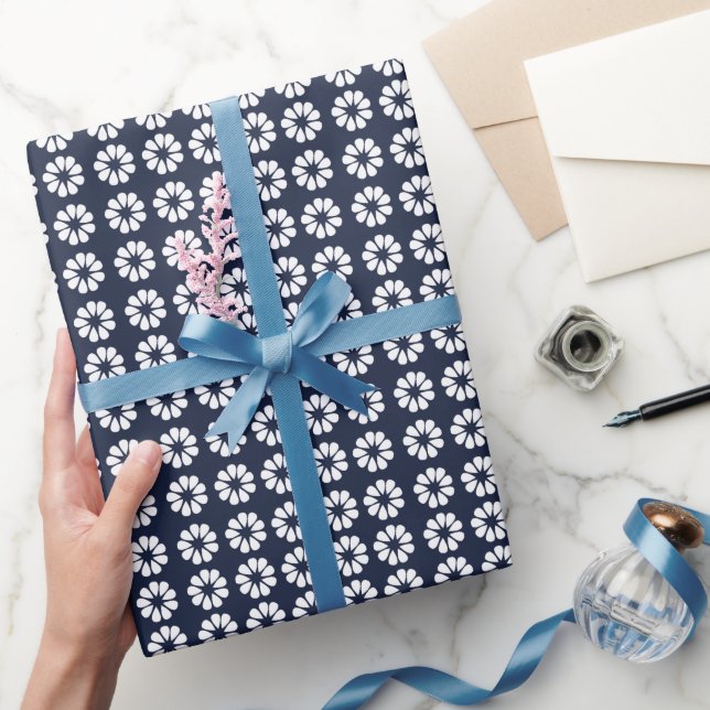Navy Blue White Floral Wrapping Paper (Gifting)