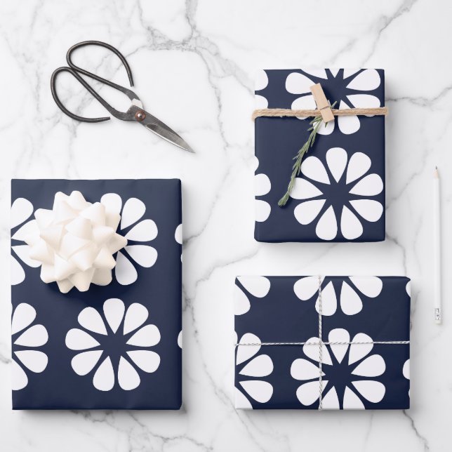 Navy Blue White Floral Wrapping Paper Sheets (Front)