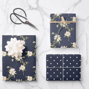 Navy Blue White Floral Wrapping Paper Sheets