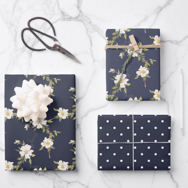 Navy Blue White Floral Wrapping Paper Sheets (Front)