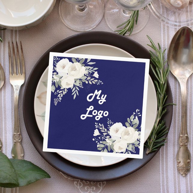 Navy blue white florals business logo napkins (Creator Uploaded)