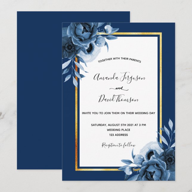 Navy blue white florals gold chic wedding invitation (Front/Back)