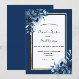 Navy blue white florals gold chic wedding invitation